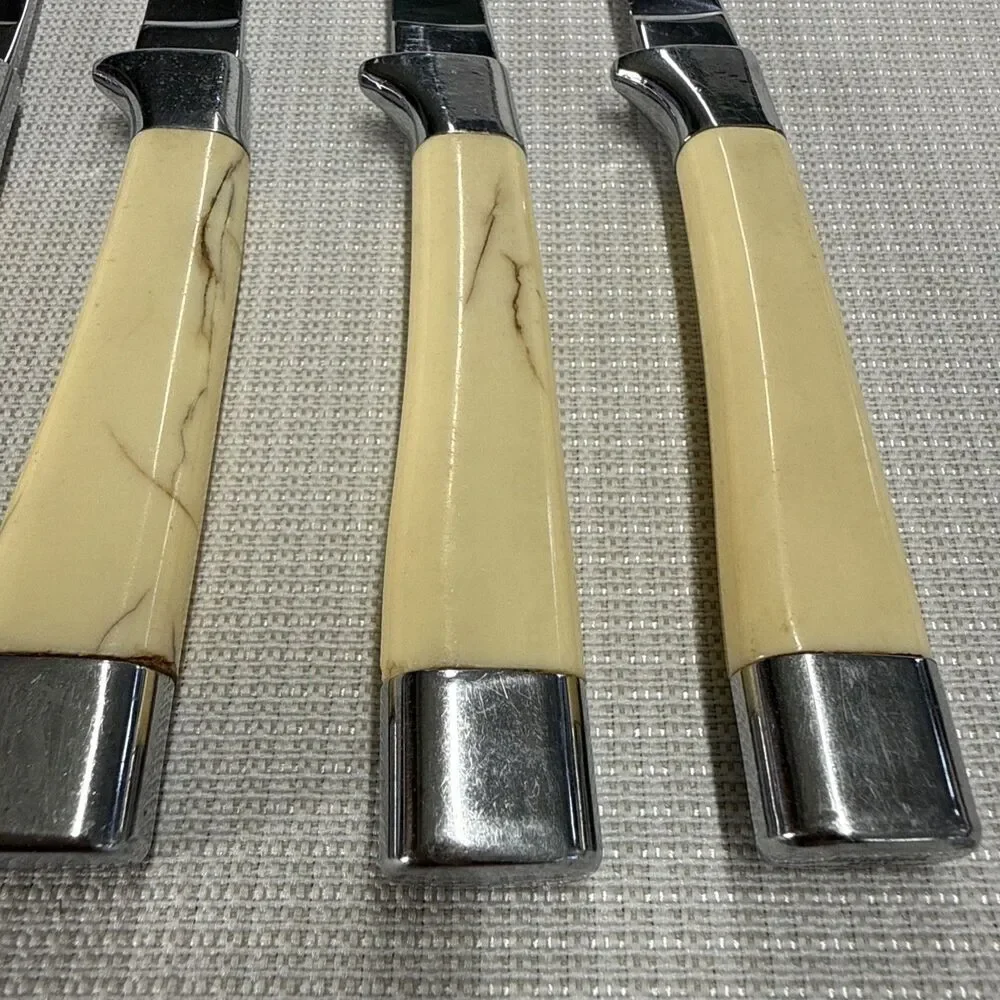 Set of 4 Vintage Briddell Steak Knifes Cream Handle MCM Kitchen w/ knife caddy